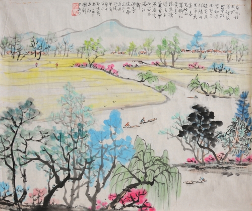 《春光好，大地着新装，山翠欲浮初过雨，野芳凝笑送斜阳，千里菜花香。春光好，两岸柳初黄，喜听渔歌随浪远，爱看飞燕逐云忙，诗思满江乡》