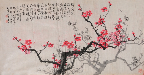 《醉写寒梅更赋诗，春风先上最高枝，家家歌舞迎新岁，正是花香酒暖时，新岁同欢歌盛世，梅开春暖日初长，老妻知我诗情好，笑指炉边酒正香》病中左手写诗和作画