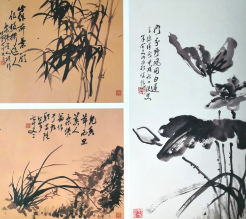 左上《布叶颇似板桥竹》 1984年  左下《见香草而思美人》 1983年   右《门外野风开白莲》 1995年秋