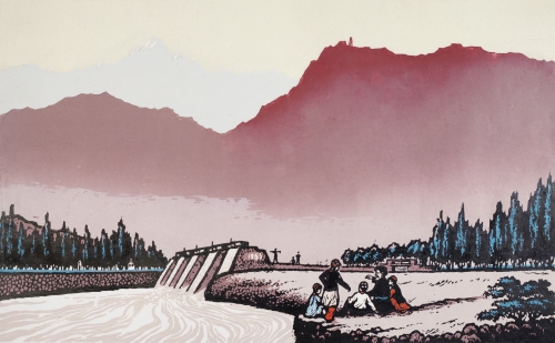 1964.08.《火焰山下话今昔》（套色木刻  30厘米×48.3厘米    入选1965年《全国美展》、《第四届西北五省区美展》对外文委选送朝鲜、叙利亚等五国展出）