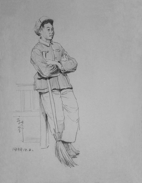 1954.12《休息》（“新疆第一期工人美术训练班”乌鲁木齐市速写  纸本铅笔  27.8厘米×22厘米）