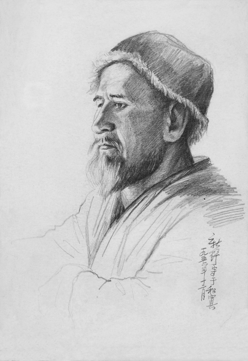 1956.12.《维吾尔族老人》（和田地区写生  纸本铅笔  36.8厘米×25.4厘米）