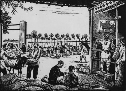 1956.《收茧站》（把蚕茧卖给国家 黑白木刻  22.2厘米×30.4厘米  全国青年美展获奖章一枚，北京民族文化宫收藏）