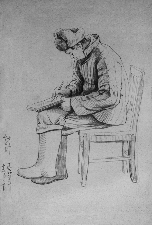 1954.12.《记笔记》（“新疆第一期工人美术训练班”乌鲁木齐市速写  纸本铅笔  28.5厘米×18.5厘米）