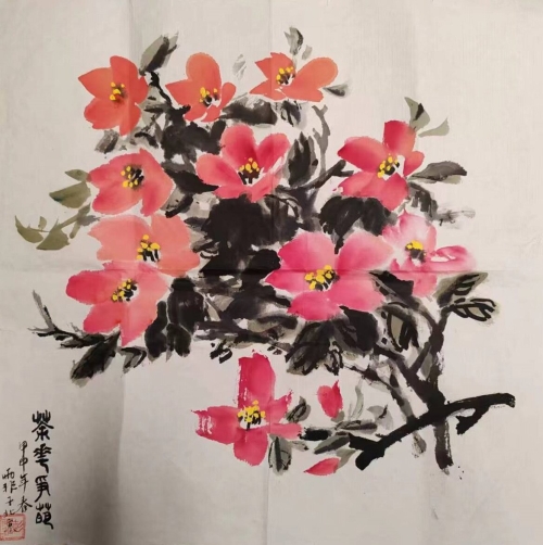 《茶花争葩》