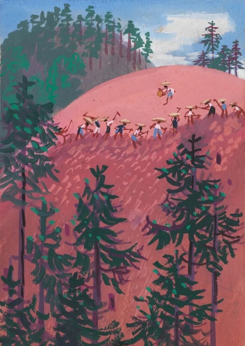 《红山造林（创作小稿）》 1963 18.7×13cm 纸本粉彩 中央美术学院美术馆藏
