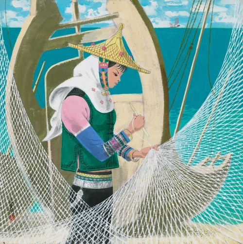 《织网（惠安组画）》纸本丙烯 45cm×44.1cm 1984年 中央美术学院美术馆