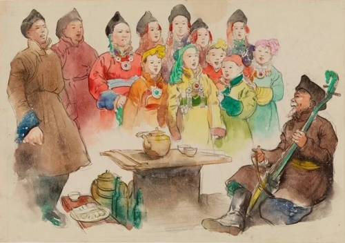 《马头琴响歌声飞》 1956 23.1×33cm 纸本水彩 中央美术学院美术馆藏