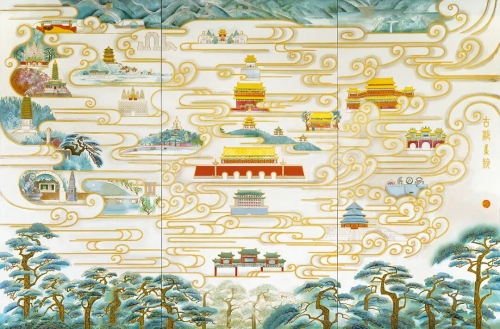 周令钊 陈若菊《古都集萃》漆雕350cm×530cm 2001年 北京饭店