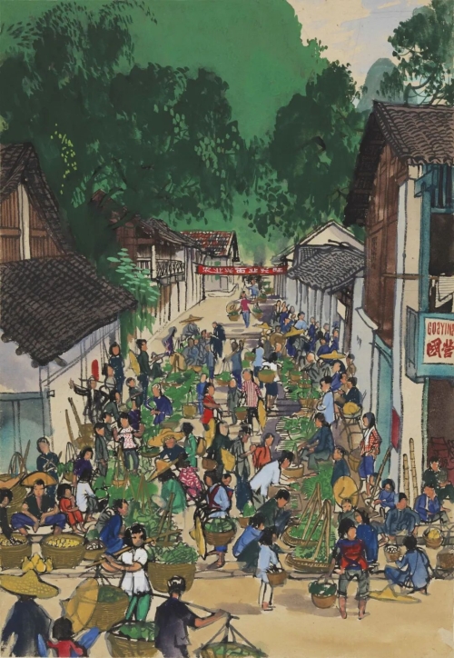 《阳朔自由市场》54.5×37.5cm，纸本粉彩，1963年，中央美术学院美术馆藏