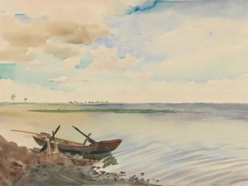 《白洋淀边小三舱》 1956 24.8×33cm 纸本水彩 中央美术学院美术馆藏