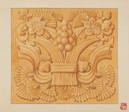 《毛主席纪念堂建筑装饰图案》26×30.2cm，纸本水粉，1976年，中央美术学院美术馆藏