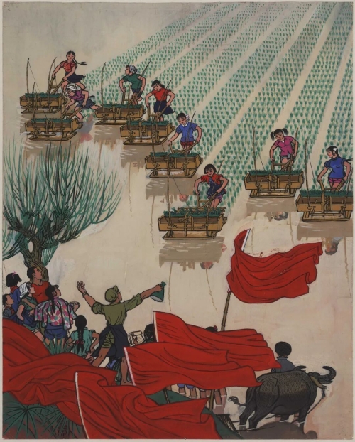 《插秧比赛》73×59cm，纸本水粉，1961年，中央美术学院美术馆藏