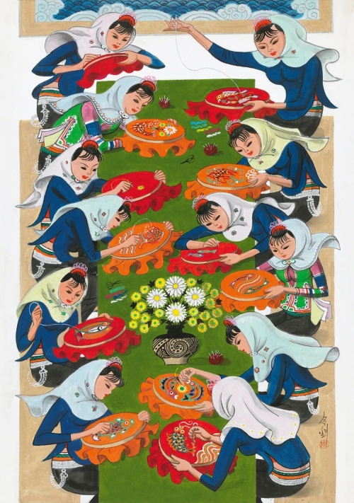 《绣花（惠安组画）》纸本丙烯 59.5cm ×44.5cm 1985年 中央美术学院美术馆