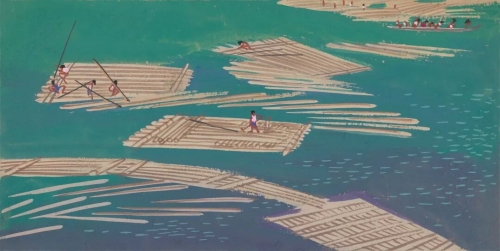 《放排》13.6×27cm，纸本粉彩，1963年，中央美术学院美术馆藏