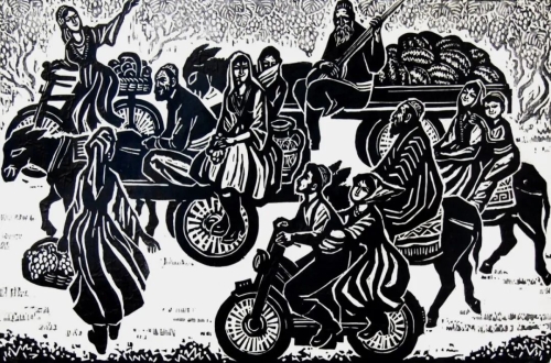 《赶巴扎》黑白木刻 80cmx52cm 1983年