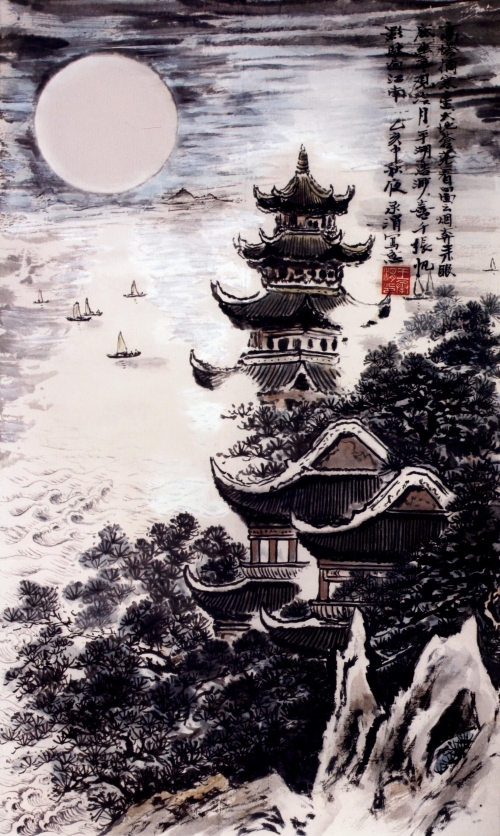写意画，高塔摘寒星，大地苍茫，看四面云烟奔来眼底，幽亭观冷月，平湖浩渺，喜千张帆影，驶遍江南